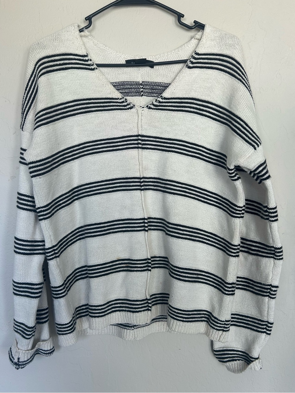 Sanctuary Striped V-Neck Relaxed Cotton Knit Pullover Sweater S White/Black(2002